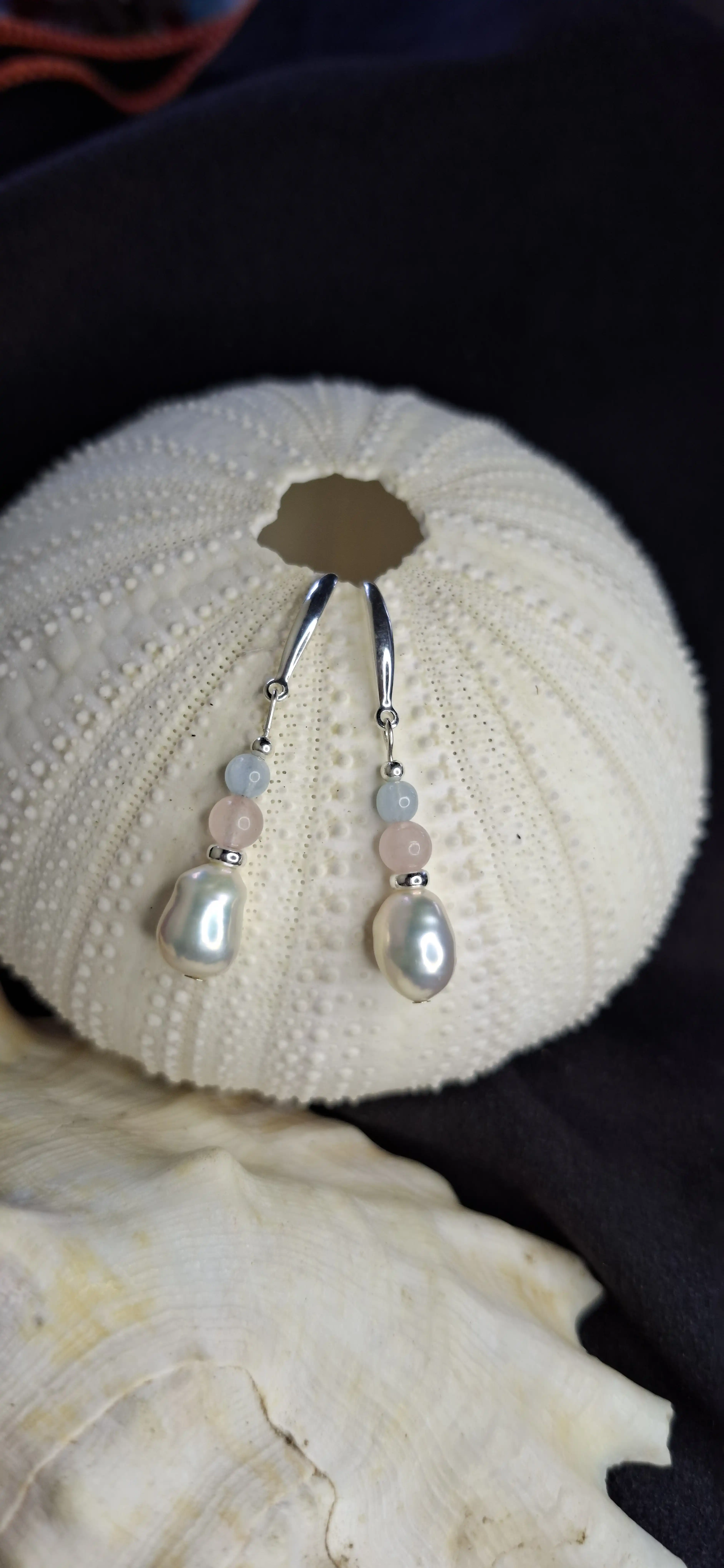Ocean's Guardian: Aquamarine, Rosequartz & Pearls Earrings | S925 Silver